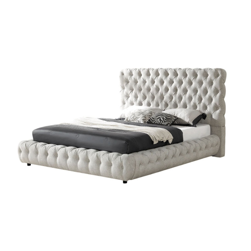 Lit Goy, profil bas, capitonnage à boutons, revêtement en velours, Gris clair, Grand