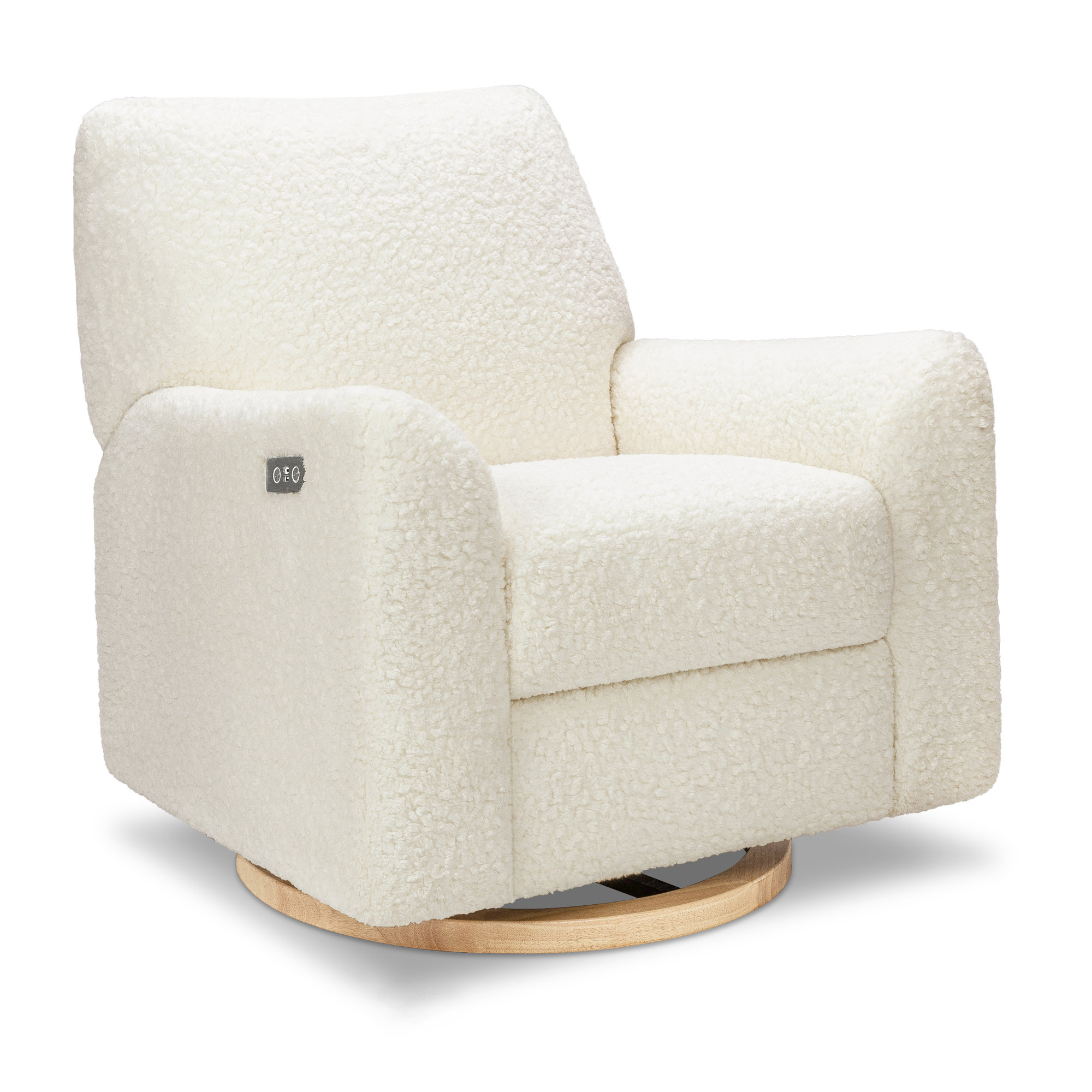 Sunday Power Reclining Swivel Glider, Cream Shearling, Natural Wood