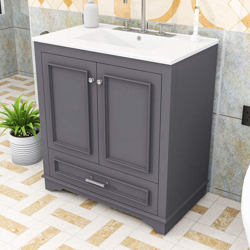 Meuble-lavabo de salle de bain avec lavabo en céramique, tablette réglable, tiroir et armoire de rangement, Blue