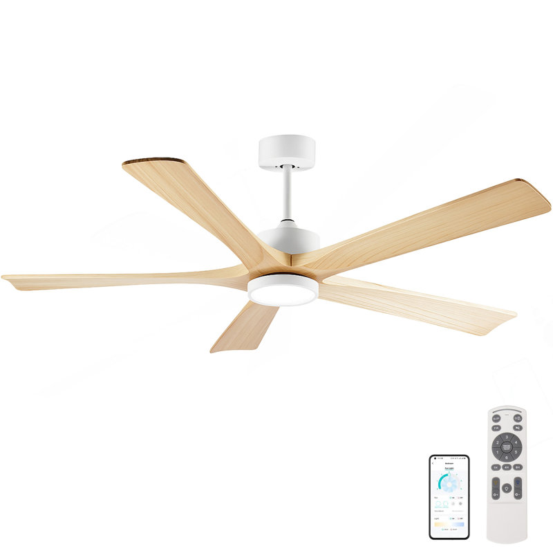 60-Inch Ceiling Fan With Light, 5 Solid Wood Blades, Downrod Mount For Sloped Ceiling ≤15°, Quiet Reversible DC Motor, APP & Remote Control, 6 Speeds, Timer, Dimmable Full-Spectrum LED