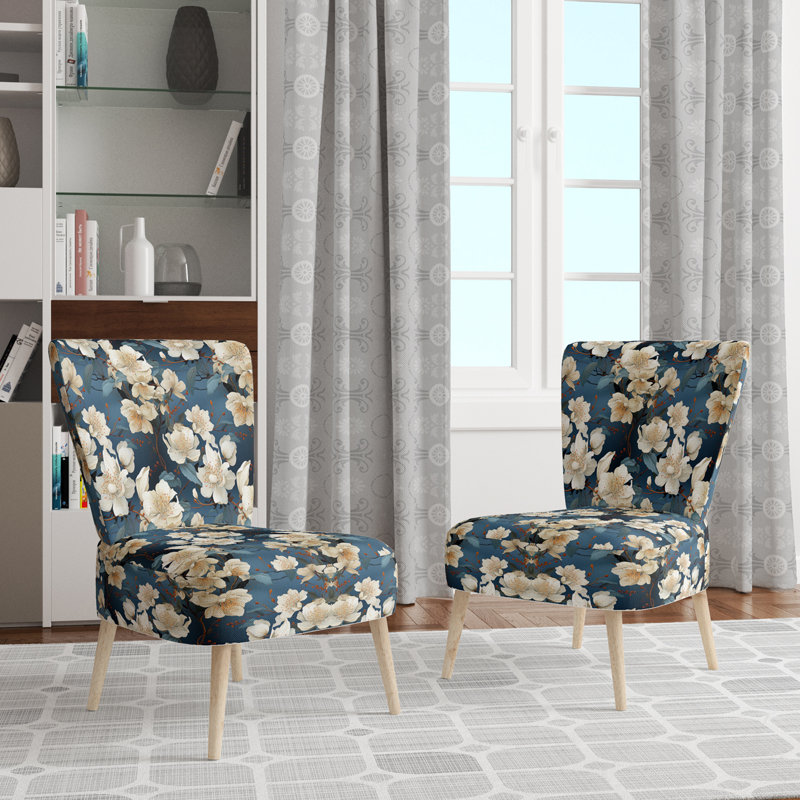 Orchidées asiatiques bleues et blanches à motif floral - Chaise d'appoint rembourrée de style campagnard, chaise d'appoint blanche