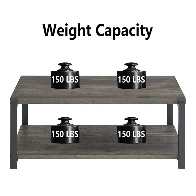 Rustic Grey Wood and Black Metal Coffee Table with Storage Shelves
