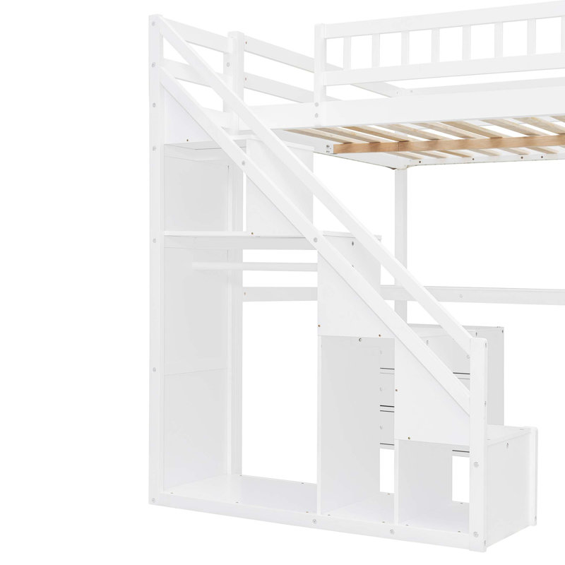 Lit mezzanine double avec commode, bureau et bande lumineuse, Blanc, Lit double