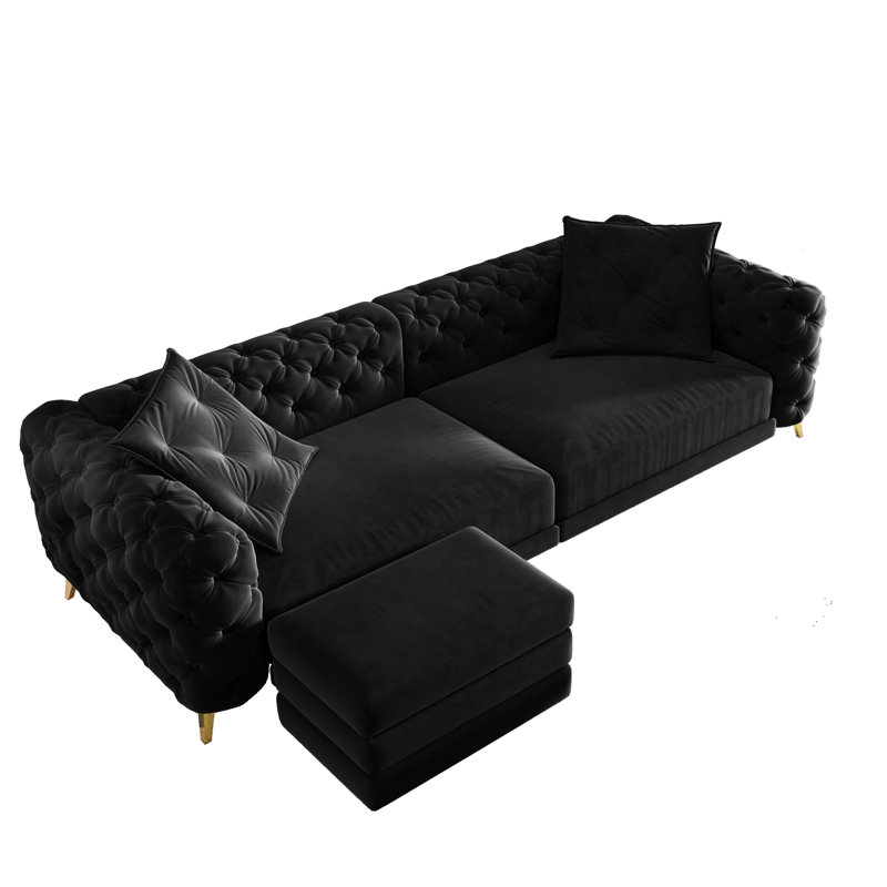 Canapé-lit convertible 4 places de 248 cm x 79 cm (97,7 po x 31 po), profondeur d'assise de 72 cm (28,4 po), avec dossier amovible, capitonnage moderne à boutons, revêtement en velours noir confortable, coussins doux et moelleux pour un confort optimal.