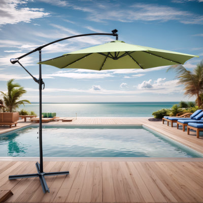 Parasol de patio imperméable de 10 pi avec lumières solaires à DEL pour la cour, la piscine, la terrasse - abat-jour à 8 nervures, manivelle facile et base en croix robuste
