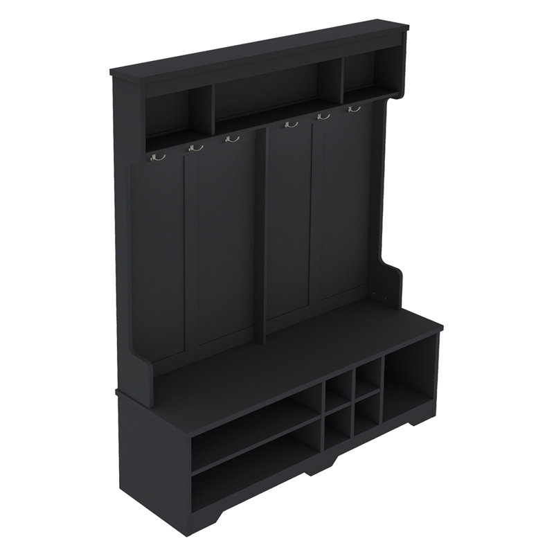 Modern Hallway Hall Tree With Metal Hooks And Storage Space, Multi-Functional Entryway Coat Rack With Shoe Cubbies, Black