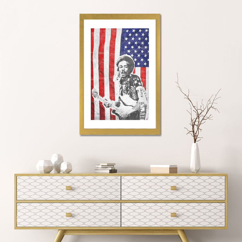 Jimi Hendrix Big Flag - Graphic Art Print, 24" H x 16" W x 1" D, White, Gold Framed Paper