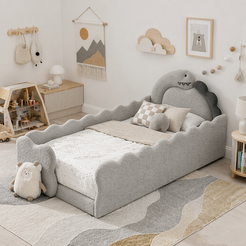 Lit simple pour enfant en forme de dinosaure avec barrières de sécurité, Grey