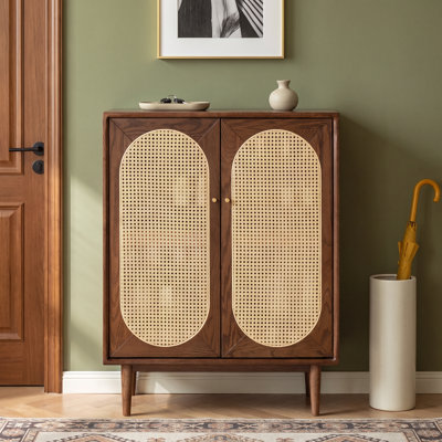 MCM Solid Oak MCM Shoe Cabinet with Synthetic Rattan Doors and Adjustable Shelves