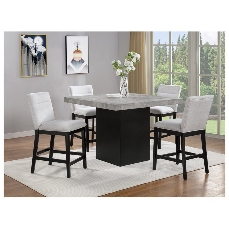 Table de salle à manger carrée gris vieilli, hauteur du comptoir, piètement en bois foncé, 122 x 122 cm, mobilier de salle à manger contemporain