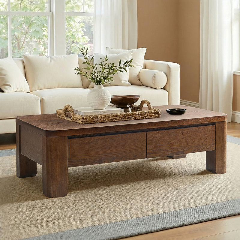 Waynesville Inkwell 55.1"W Modern Farmhouse Oak Drawer Storage Coffee Table With Solid Wood Legs, Walnut