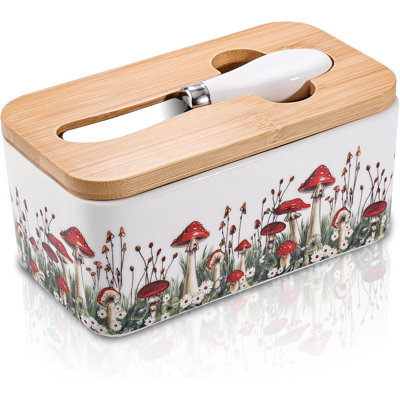 Mushroom Ceramic Butter Dish with Bamboo Lid & Butter Knife, Airtight Farmhouse Cottagecore Butter Keeper for Kitchen Counter