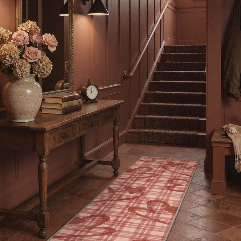 Preppyt Aesthetic Heart & Plaid  Machine Washable Red Indoor Area Rug with Non-Slip Backing, Runner 2' x 6'