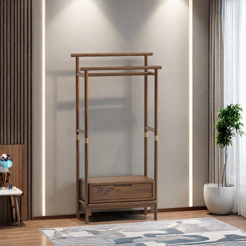 Sturdy Elm Wood Coat Rack, Multifunctional, Walnut
