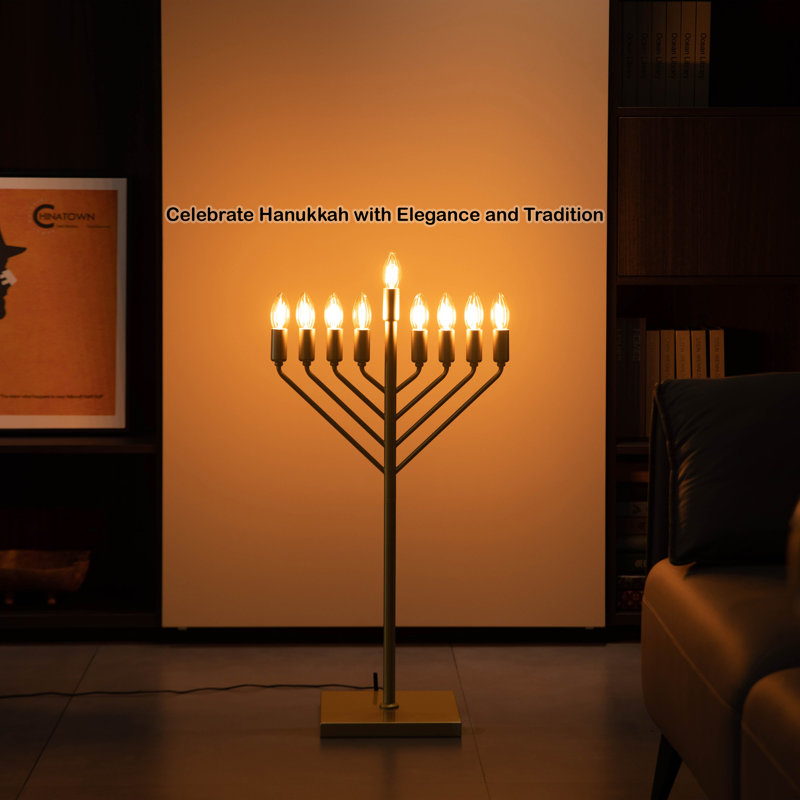 Chabad Style Gold Finish Hanukkah Menorah For Entryway, Living Room, Office, And Kitchen With Led Light Bulbs And Remote Control For Easy Daily Hanukkah Lighting Sequence