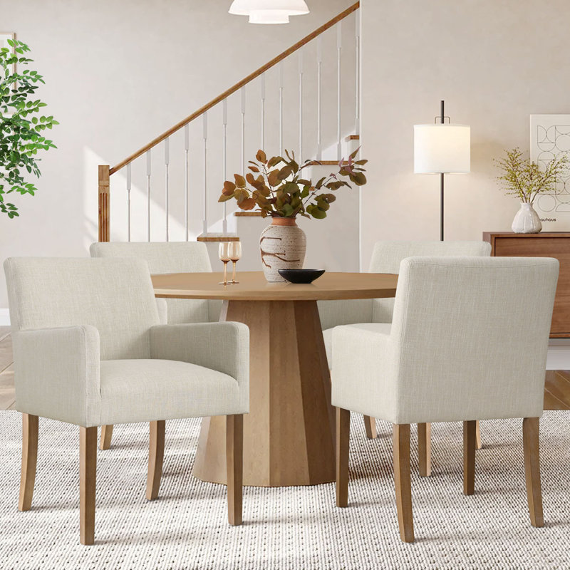 Beste Upholstered Solid Wood Dining Armchair, Beige