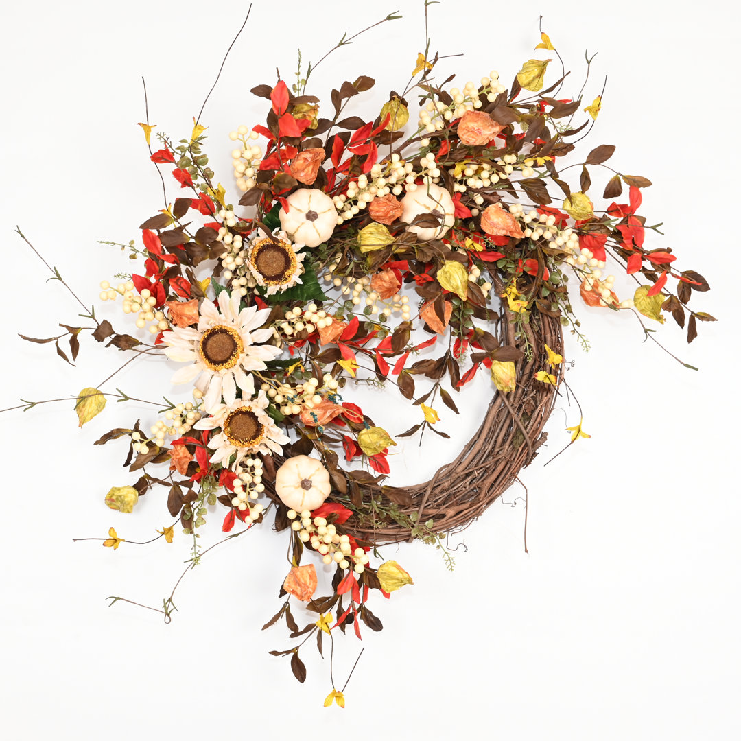 Gwytha Thanksgiving Day Pumpkin Sunflower 26" Fall Wreath The Holiday Aisle® Wreath 