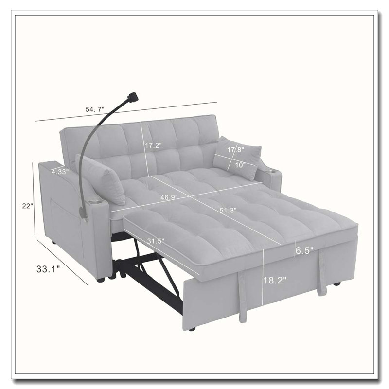 Canapé-lit en velours avec futon et causeuse, Gris clair