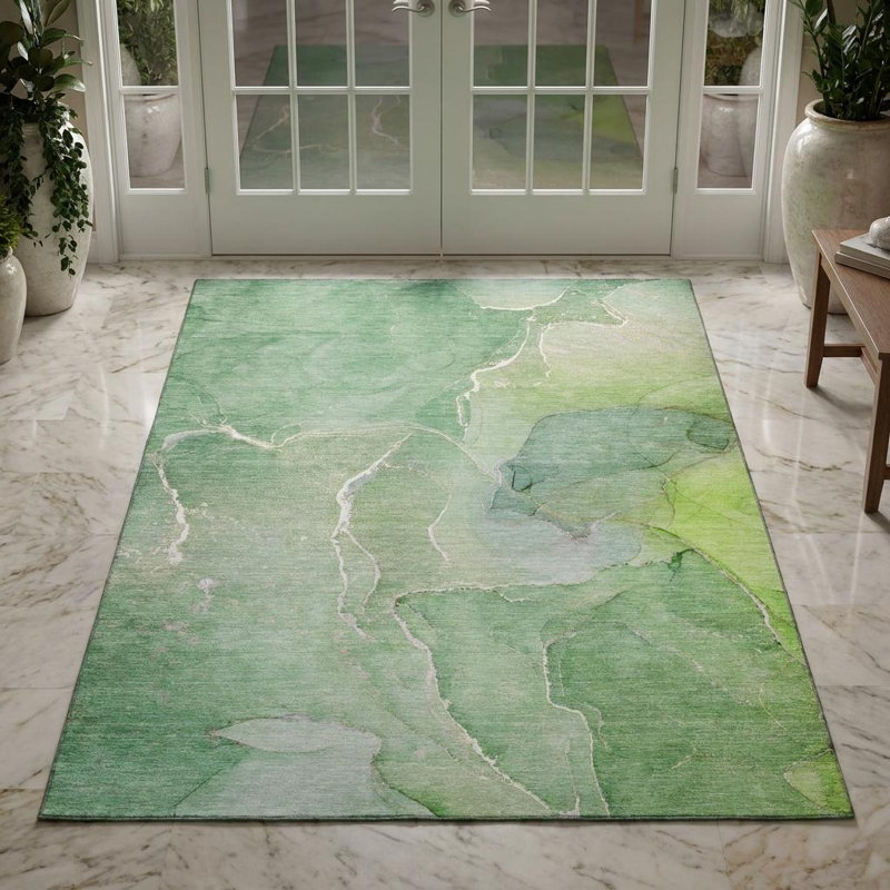 Tapis lavable abstrait vert et ivoire 3 pi x 5 pi avec protection UV