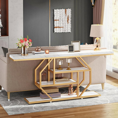 70.9" Modern Console Table, 4-Tier, Faux Marble for Living Room - White/Gold