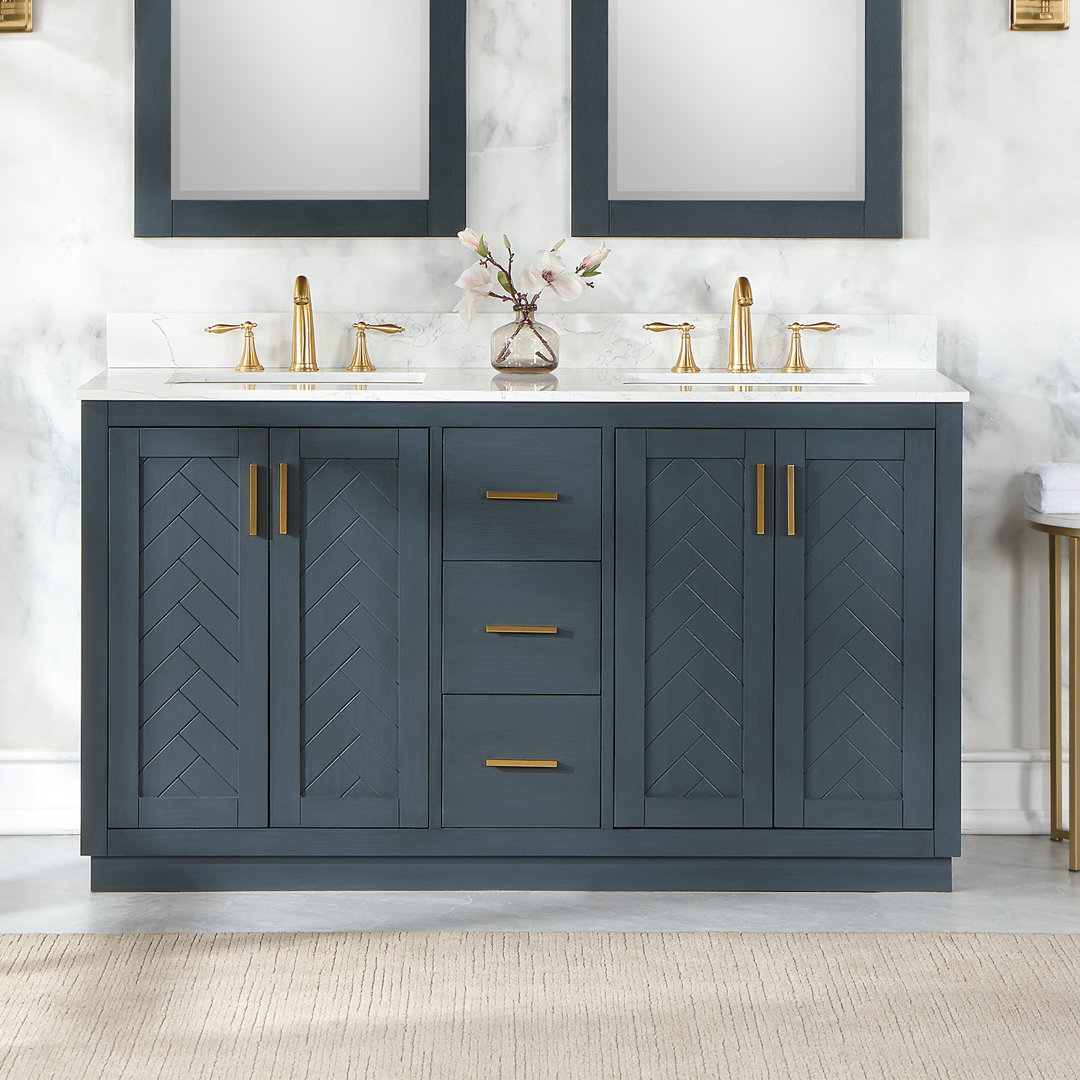 Gazsi 60" Double Bathroom Vanity Set With Grain White Engineered Stone Countertop Without Mirror Rosdorf Park Base Finish: Charcoal Blue