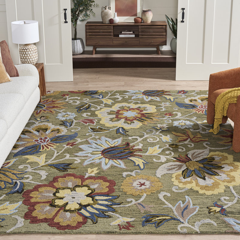 Tapis floral en coton touffeté à la main Blossom - rouge / vert, Rectangle 8 pi x 10 pi