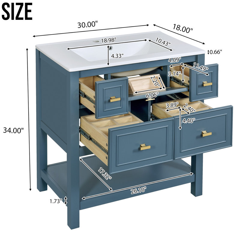 Meuble-lavabo simple autoportant de 30 po avec plateau en céramique, assemblage requis, Bleu