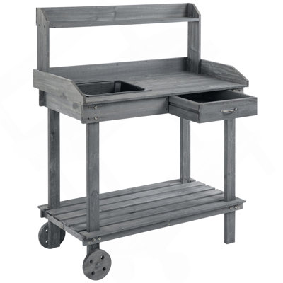 Outsunny 36'' Wooden Potting Bench Work Table With 2 Removable Wheels, Sink, Drawer & Large Storage Spaces, Gray