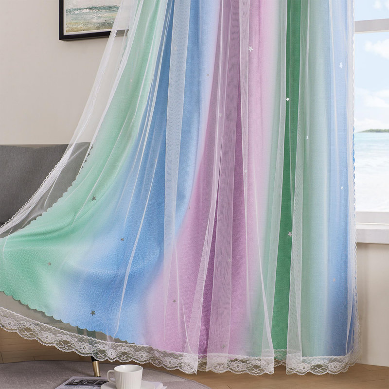 Rideaux arc-en-ciel pour chambre d'enfant - occultant, 1 panneau avec décalcomanies murales licorne, Rose / mauve / jaune