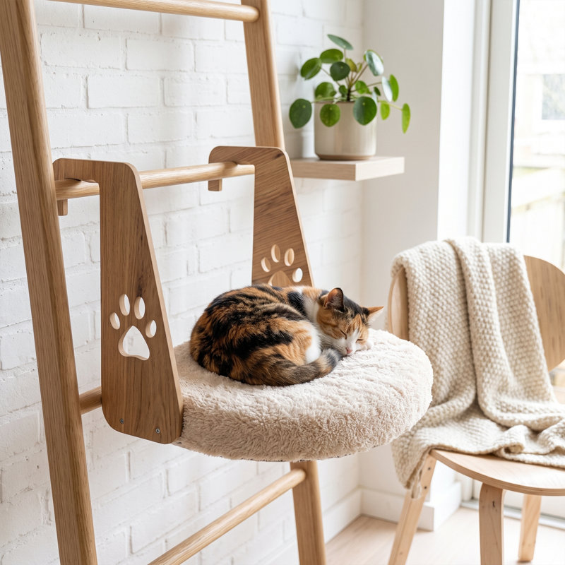 Fauteuil surélevé pour chat avec radiateur et coussin doux au toucher, Crème