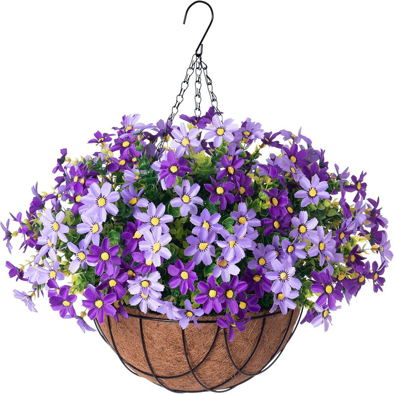 Artificial Silk Daisy Hanging Basket Kit With Coconut Liner, 4 Pack UV Resistant Fake Flowers,  Patio, Garden, Balcony Decor