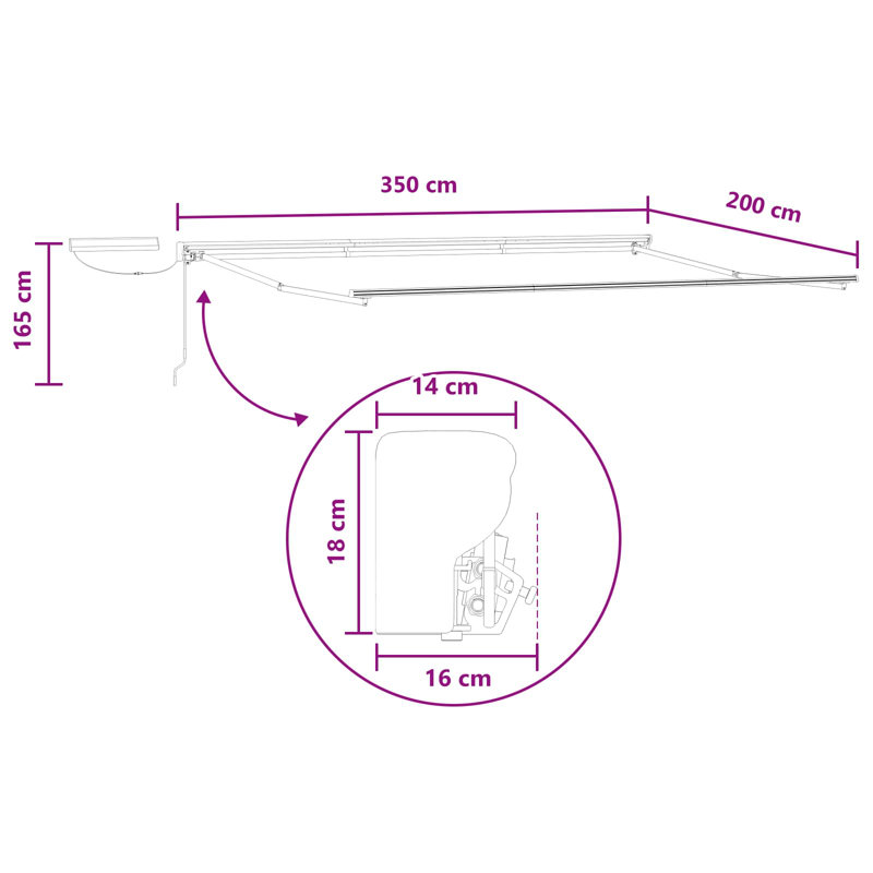VidaXL Polyester Cover Retractable Patio Awning, Solid Colour, 165cm H x 350cm W x 200cm D, Taupe