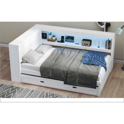Full Size Wood Daybed With Storage Shelves, USB, LED, And Trundle, White
