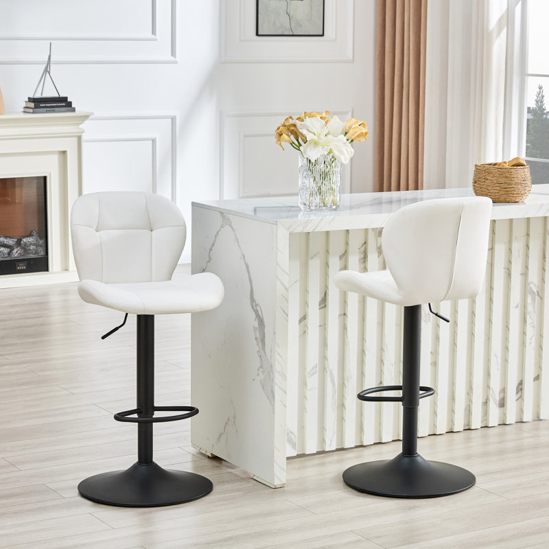 Ensemble de 2 tabourets de bar réglables en hauteur, chaises capitonnées en polyuréthane blanc avec base en métal noir et repose-pieds pour îlot de cuisine, bar, pub