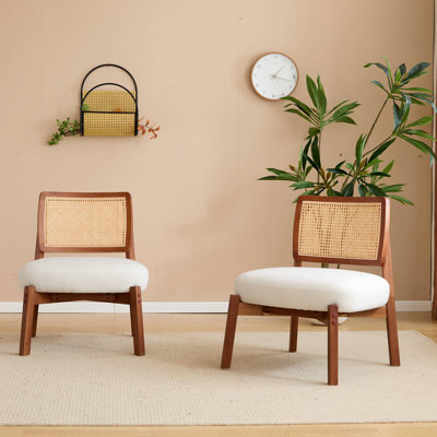 [Ensemble de 2] Méridienne beige moderne avec dossier tissé, structure en bois robuste, sièges d'appoint minimalistes et élégants pour le salon, la chambre à coucher ou le bureau