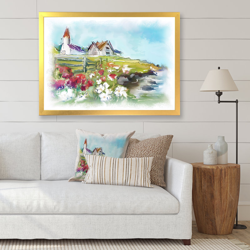 Bâtiments blancs sur un pré vert coloré - peinture sur toile, H 17,5 po x l 33,5 po x P 1 po, Cadre doré