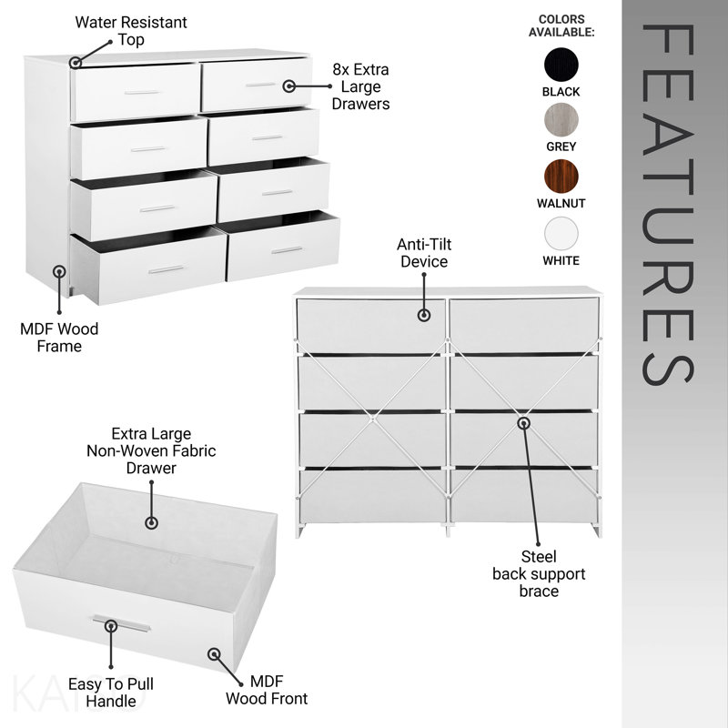 Commode 8 tiroirs avec grands tiroirs en tissu, blanc