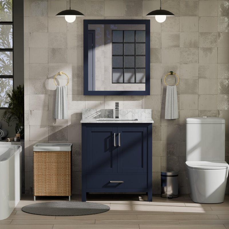 Jacques 30 in. W x 22 in. D Bath Vanity, Top, and 28 in. Mirror, Navy Blue, White Carrara Marble