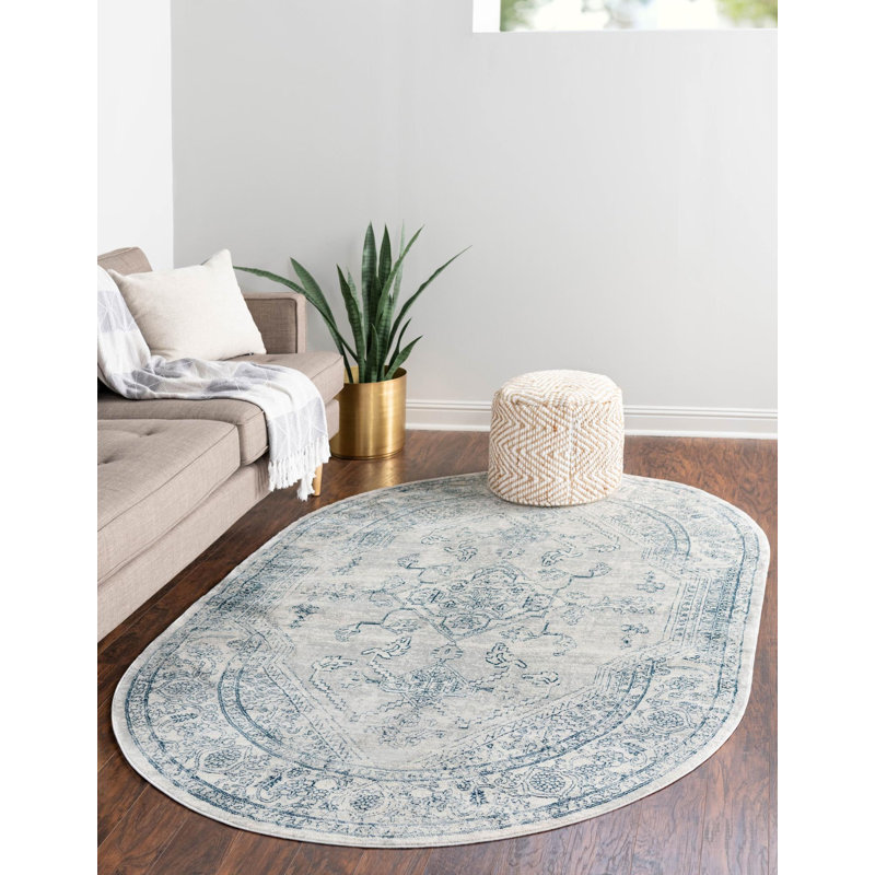 Tapis oriental gris / bleu Alabama, Ovale 4 pi x 5 pi 11 po