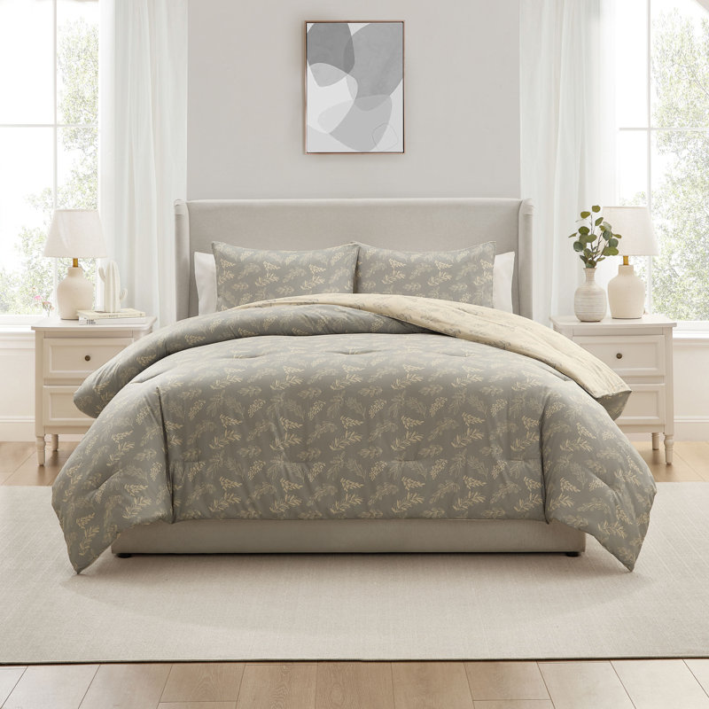 Ensemble d'édredon réversible en microfibre douce, ensemble de literie toutes saisons 3 pièces, Gris lunaire / champagne pâle