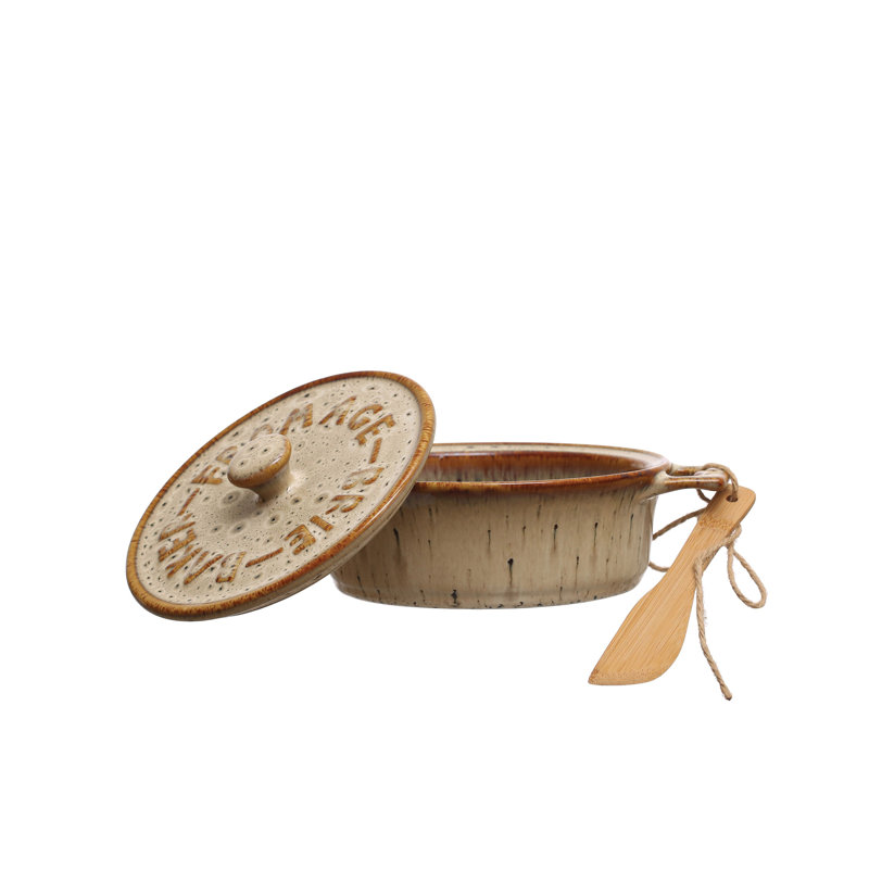 Couteau à tartiner en grès Brie Baker avec canape en bambou et glacis réactif, Brun/brun clair