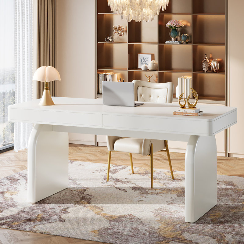63" White Desk with Drawers, Modern Glossy Executive Office Desk