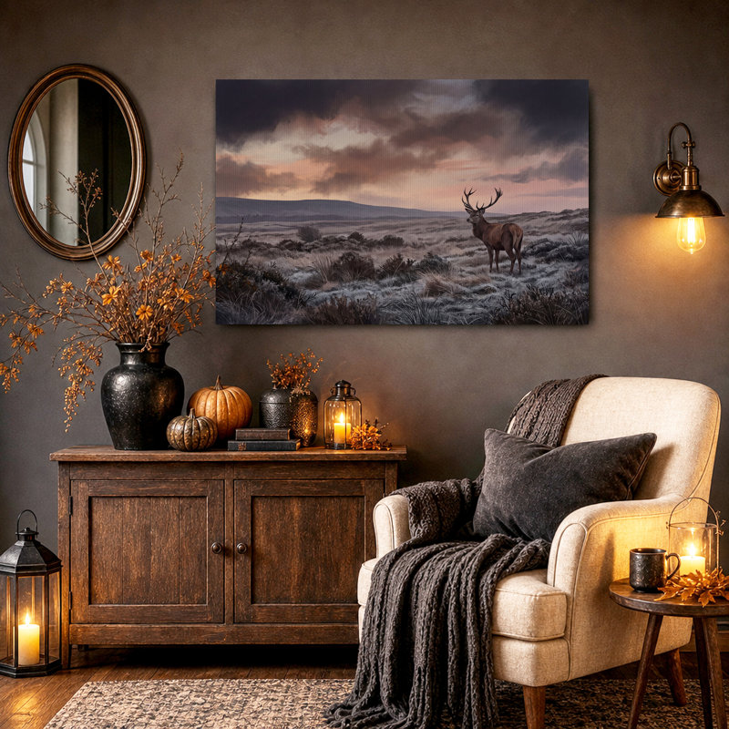 Tableau sur toile représentant un cerf debout dans un champ herbeux au coucher du soleil, pour l'Halloween, H 20 po x l 30 po