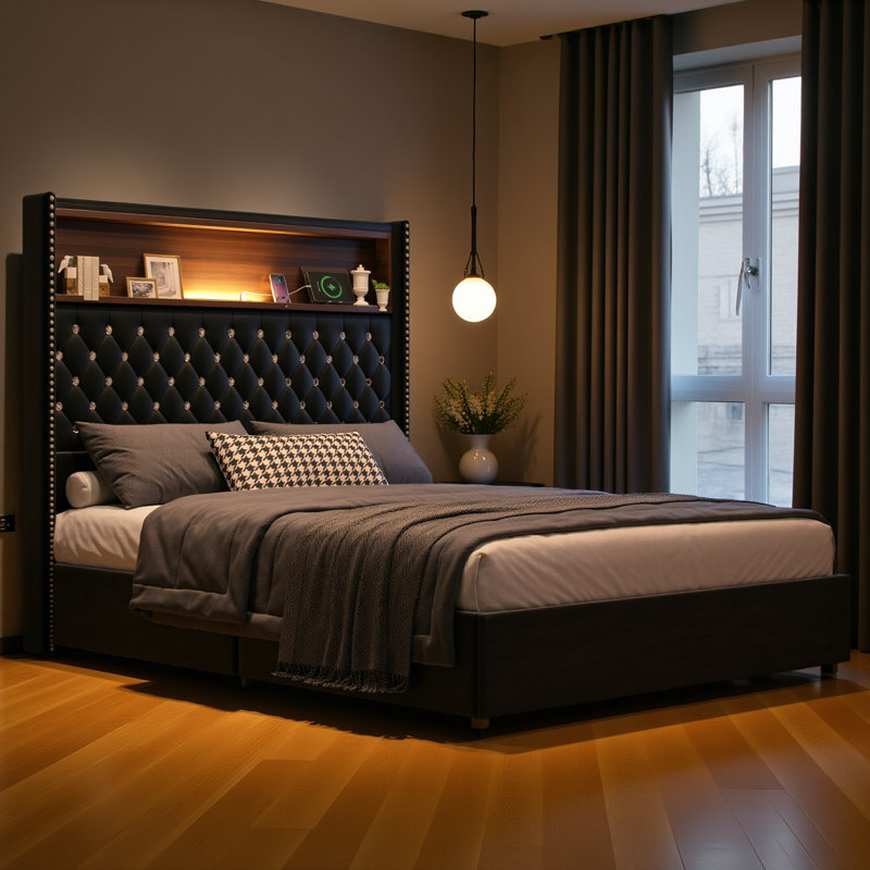 Structure de lit double capitonnée en velours pleine grandeur avec port USB et veilleuse, tête de lit 52 po avec décoration à rivets, lit plateforme à oreilles avec tablette de tête de lit, noir
