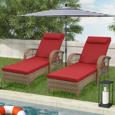 2-Piece Outdoor Wicker Lounge Chairs with Cushion, Rattan Patio Chaise Loungers with 6-Level Backrest, All Weather Lay Flat Pool Sunbathing Recliner Chair, Armrest and Head Pillow, Red