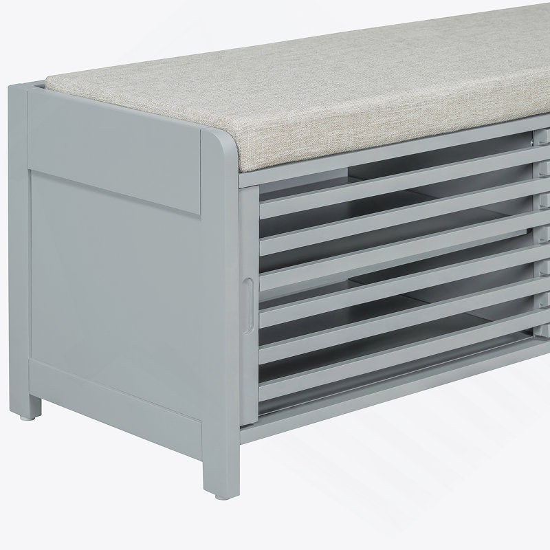 Distressed Shutter Storage Bench With Acacia Veneer For Retro Charm For Living Room, Entryway (Grey), Gray