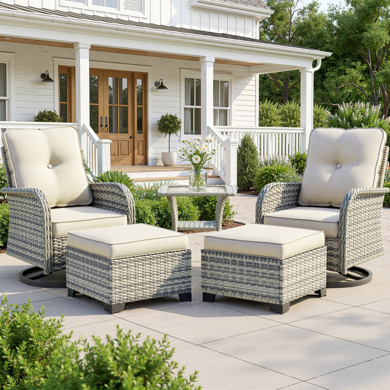 Ensemble de chaises pivotantes d'extérieur 5 pièces avec coussins, repose-pieds et table d'appoint, Beige