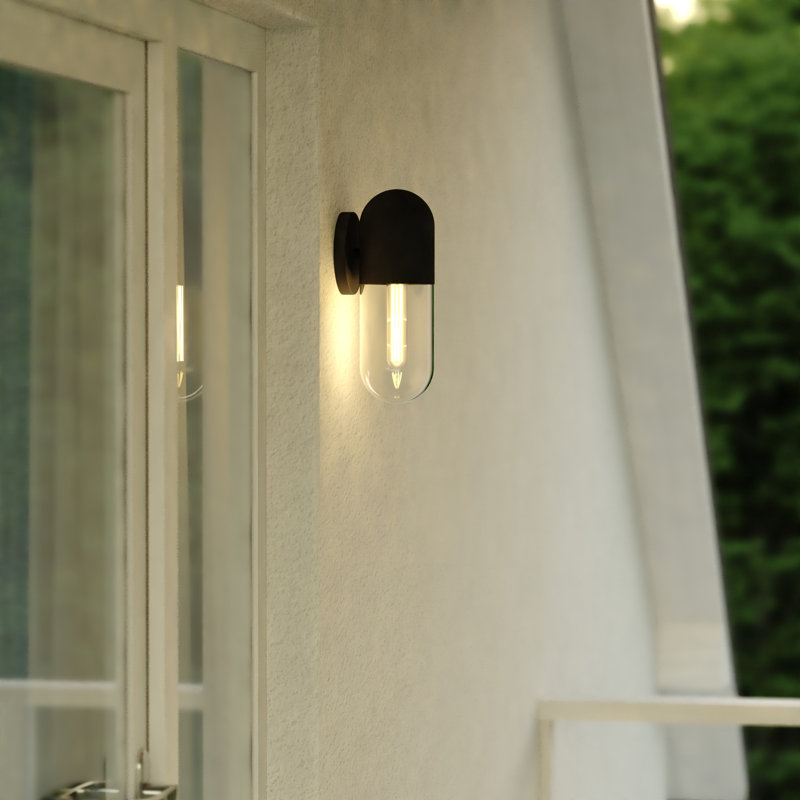 Synclaire 12.5 in. H 1-Light Matte Black Contemporary Outdoor Wall Sconce made of Durable Metal, Clear Glass Shade, LED Compatible, Use for Exterior Porch Patio Front Door or Garage