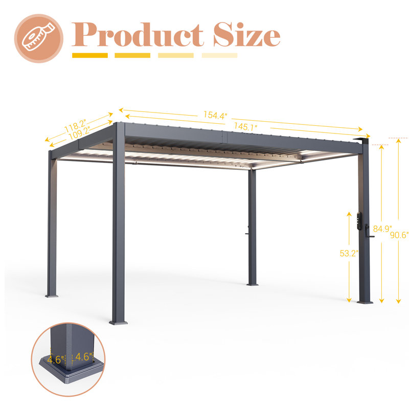 ALL Aluminum Pergola with Adjustable Roof and Solar LED, 10 ft x 13 ft