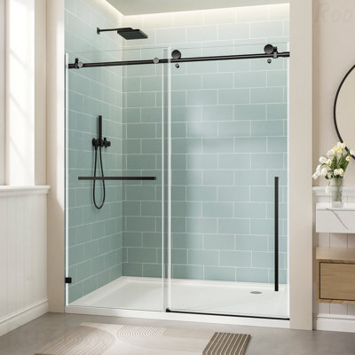Porte de douche à ouverture coulissante simple sans cadre de 56 à 60 po x H 78 po - Porte de douche noire matte, verre trempé transparent de 3/8 po (10 mm) avec film antidéflagrant, poignée en acier inoxydable